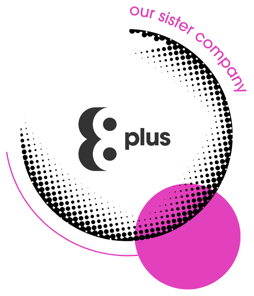 Eight Plus logo inside the halftone roundel with the words Our sister company