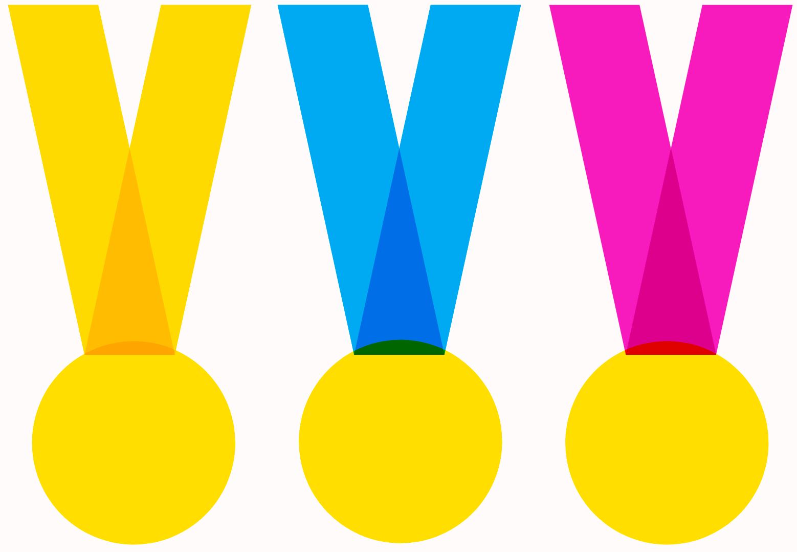 3 awards medals in basic geometric shapes, with a different colour ribbon, yellow, blue and pink